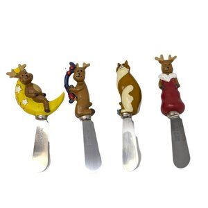Vintage Boston Warehouse 3 Reindeers 1 Cat Cheese Spreaders Stainless Steel Set